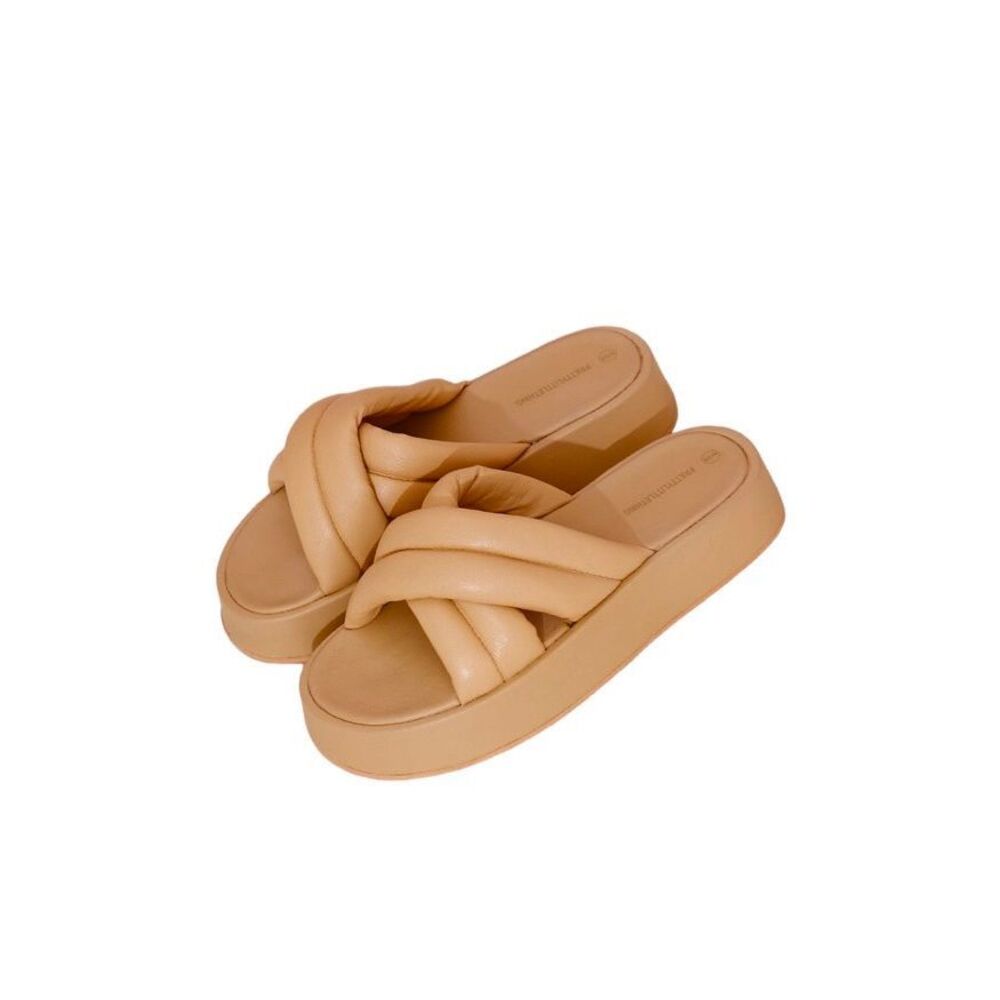 Pretty Little Thing Camel Chunky Padded Cross Straps Slides Sz 36
